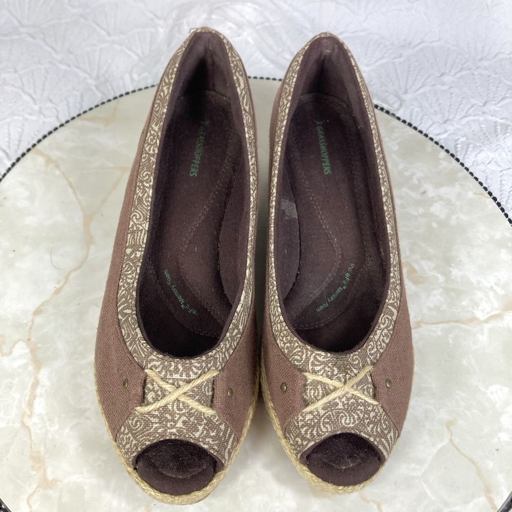 Grasshoppers Peep Toe Espadrille Wedge Shoes Women 8 Brown Comfort Slip On Heels - Picture 4 of 12